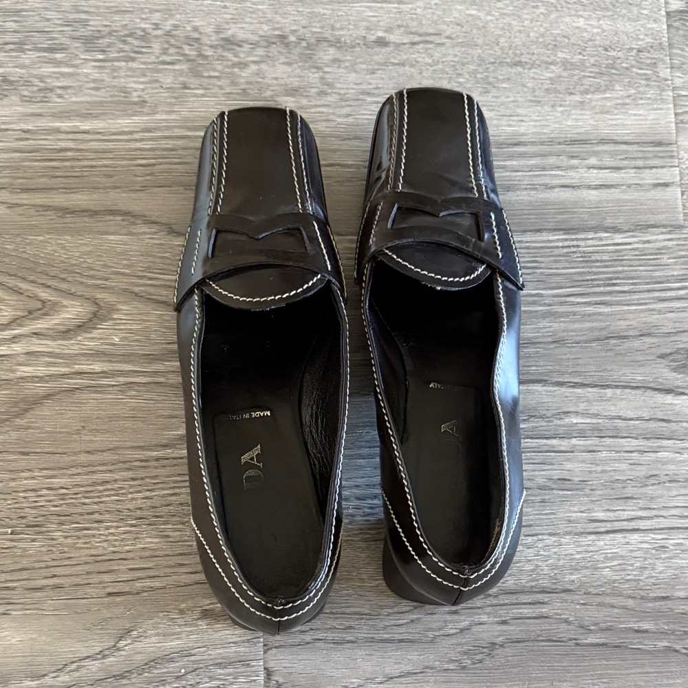 Vintage Prada Black Leather Loafer Heels with White Stitching